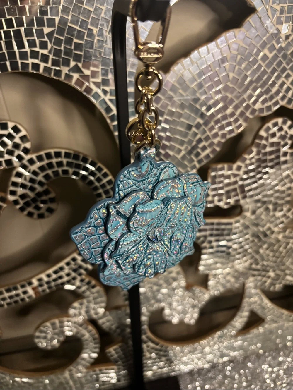 ⭐️Brahmin Teal Floral Embossed Leather Key & Card Holder with Gold Hardware